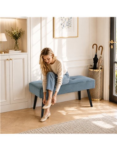 HOMCOM Upholstered Bedroom Entryway Bench, Modern Corduroy Tufted End of Bed Bench with Padded Seat and Steel Legs, Blue