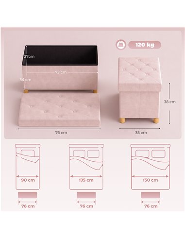 HOMCOM Velvet Upholstered Foldable Ottoman Footrest, Storage Ottoman Bench with Wood Legs for Living Room, Pink