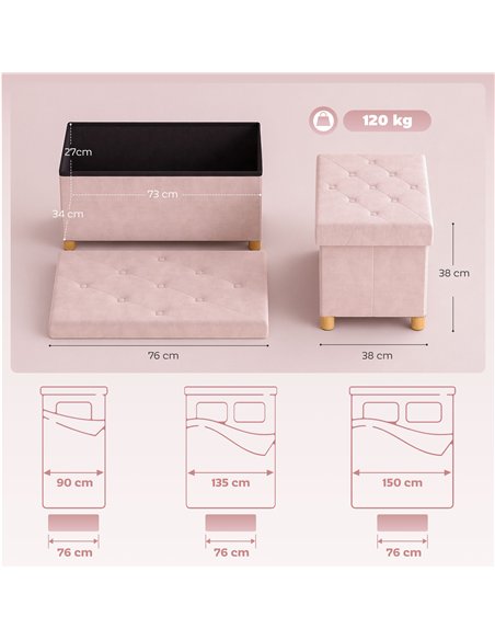 HOMCOM Velvet Upholstered Foldable Ottoman Footrest, Storage Ottoman Bench with Wood Legs for Living Room, Pink - pic 209045 | FastDaddyshop