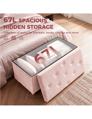 HOMCOM Velvet Upholstered Foldable Ottoman Footrest, Storage Ottoman Bench with Wood Legs for Living Room, Pink
