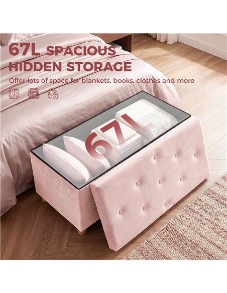 HOMCOM Velvet Upholstered Foldable Ottoman Footrest, Storage Ottoman Bench with Wood Legs for Living Room, Pink - pic 209046 | FastDaddyshop