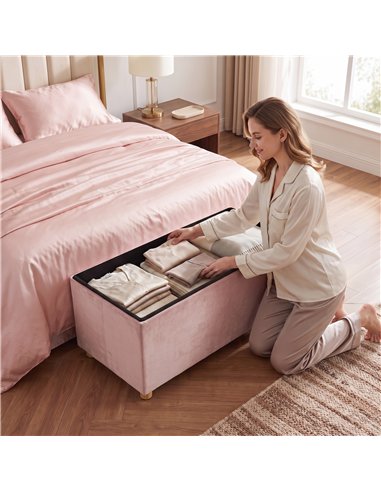 HOMCOM Velvet Upholstered Foldable Ottoman Footrest, Storage Ottoman Bench with Wood Legs for Living Room, Pink