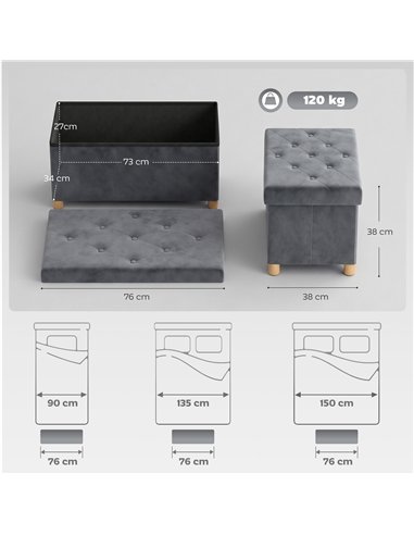HOMCOM Velvet Upholstered Foldable Ottoman Footrest, Storage Ottoman Bench with Wood Legs for Living Room, Grey