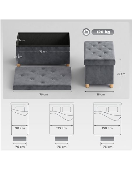 HOMCOM Velvet Upholstered Foldable Ottoman Footrest, Storage Ottoman Bench with Wood Legs for Living Room, Grey - pic 209054 | FastDaddyshop