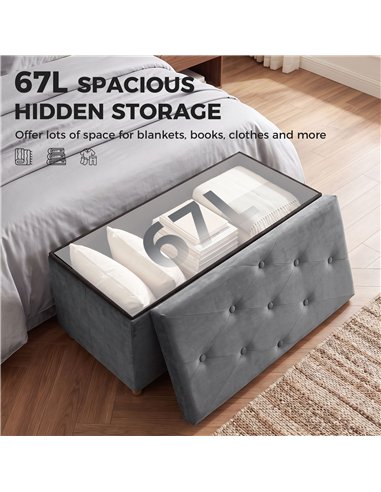 HOMCOM Velvet Upholstered Foldable Ottoman Footrest, Storage Ottoman Bench with Wood Legs for Living Room, Grey