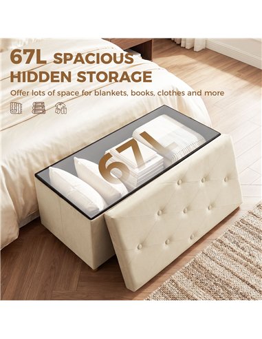 HOMCOM Velvet Upholstered Foldable Ottoman Footrest, Storage Ottoman Bench with Wood Legs for Living Room, Cream White