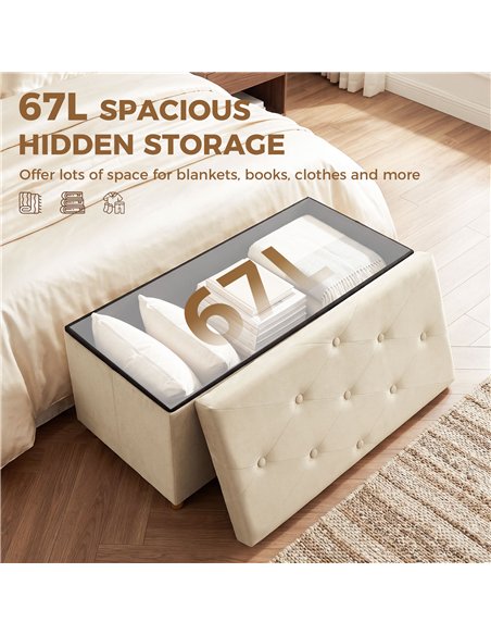 HOMCOM Velvet Upholstered Foldable Ottoman Footrest, Storage Ottoman Bench with Wood Legs for Living Room, Cream White - pic 209064 | FastDaddyshop