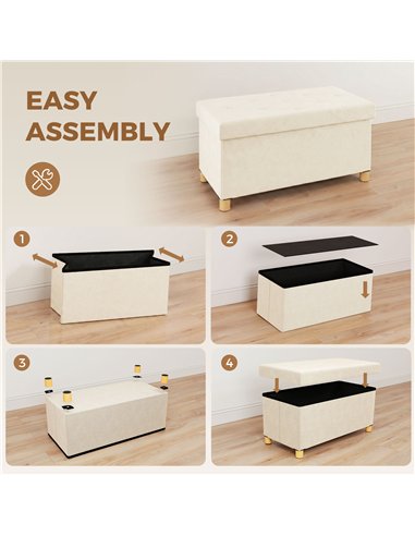 HOMCOM Velvet Upholstered Foldable Ottoman Footrest, Storage Ottoman Bench with Wood Legs for Living Room, Cream White