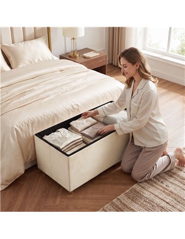 HOMCOM Velvet Upholstered Foldable Ottoman Footrest, Storage Ottoman Bench with Wood Legs for Living Room, Cream White