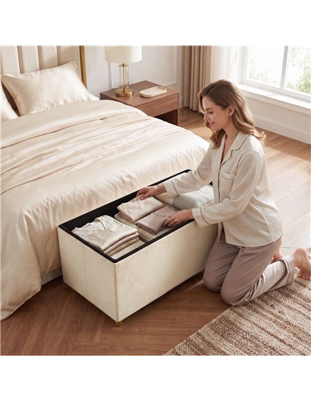 HOMCOM Velvet Upholstered Foldable Ottoman Footrest, Storage Ottoman Bench with Wood Legs for Living Room, Cream White - pic 209068 | FastDaddyshop