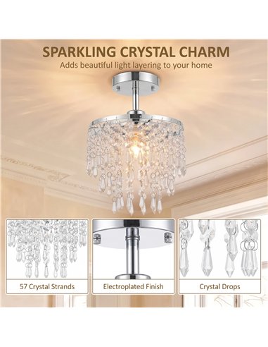 HOMCOM Crystal Ceiling Light with 57 Crystal Strands, Ceiling Light with Mounting Plate for Hallway, Silver Tone