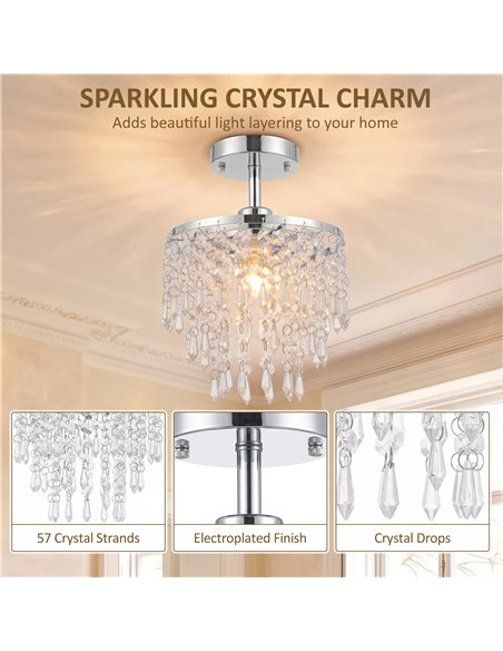 HOMCOM Crystal Ceiling Light with 57 Crystal Strands, Ceiling Light with Mounting Plate for Hallway, Silver Tone - pic 209110 | FastDaddyshop