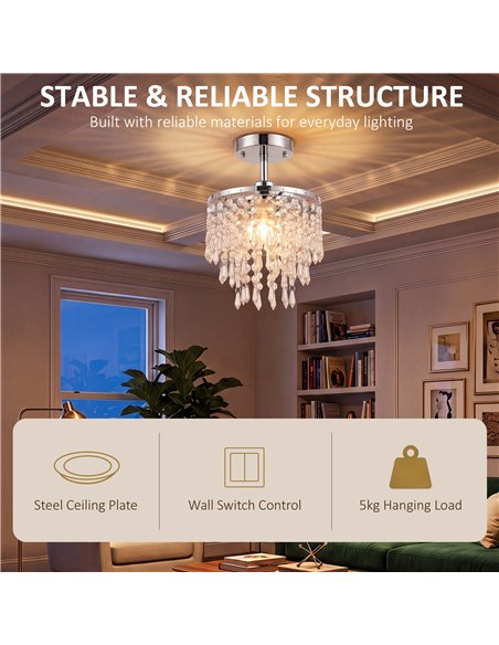 HOMCOM Crystal Ceiling Light with 57 Crystal Strands, Ceiling Light with Mounting Plate for Hallway, Silver Tone - pic 209112 | FastDaddyshop