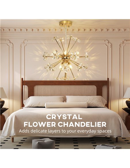 HOMCOM Crystal Chandeliers Ceiling Light with Flower, Modern Pendant Light with Adjustable Height, Ceiling Plate, Clear - pic 209118 | FastDaddyshop