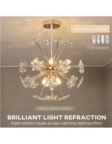 HOMCOM Crystal Chandeliers Ceiling Light with Flower, Modern Pendant Light with Adjustable Height, Ceiling Plate, Clear