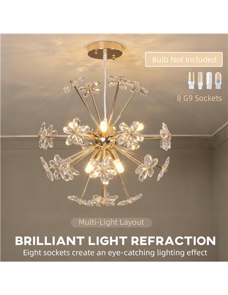 HOMCOM Crystal Chandeliers Ceiling Light with Flower, Modern Pendant Light with Adjustable Height, Ceiling Plate, Clear - pic 209119 | FastDaddyshop