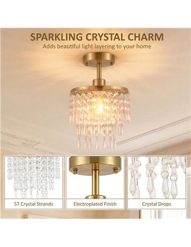 HOMCOM Crystal Ceiling Light with 57 Crystal Strands, Ceiling Light with Mounting Plate for Hallway, Gold Tone