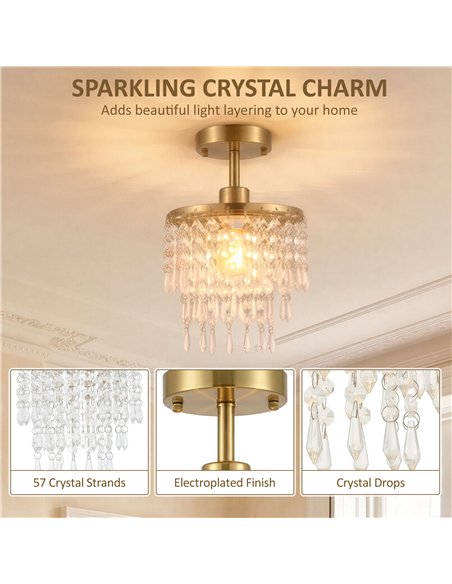 HOMCOM Crystal Ceiling Light with 57 Crystal Strands, Ceiling Light with Mounting Plate for Hallway, Gold Tone - pic 209128 | FastDaddyshop