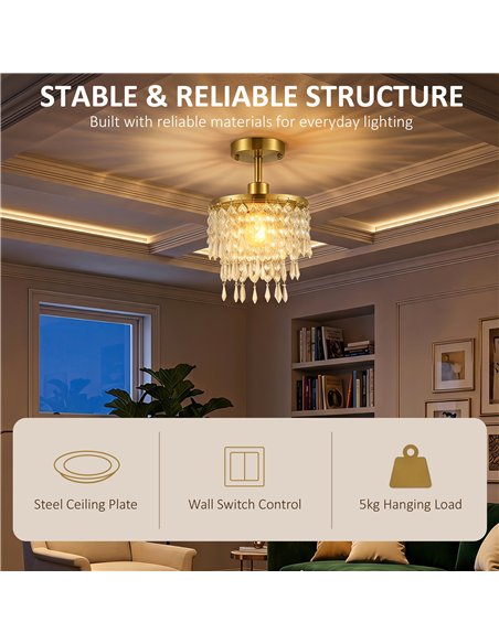 HOMCOM Crystal Ceiling Light with 57 Crystal Strands, Ceiling Light with Mounting Plate for Hallway, Gold Tone - pic 209130 | FastDaddyshop