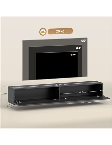 HOMCOM 140cm Floating TV Stand, Wall Mount TV Unit with Cable Management Hole, Fits up to 72" TV, Black