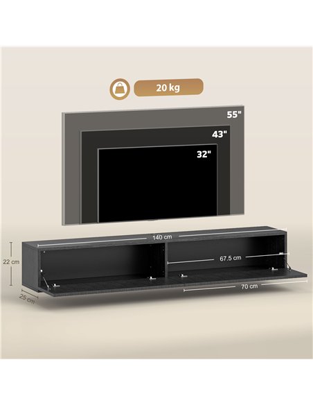 HOMCOM 140cm Floating TV Stand, Wall Mount TV Unit with Cable Management Hole, Fits up to 72" TV, Black - pic 209144 | FastDaddyshop