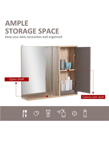 HOMCOM MDF Wall Mounted Bathroom Cabinet with Mirror, Grey and Oak Brown