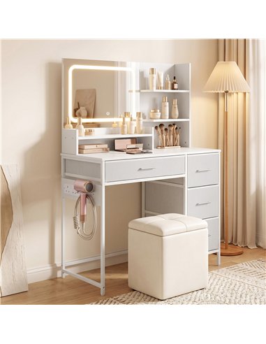 HOMCOM Dressing Table with 3-Colour LED Mirror, Power Outlet, Vanity Desk with 4 Drawers, 5 Shelves, Hair Dryer Holder
