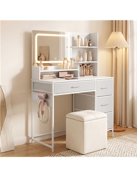 HOMCOM Dressing Table with 3-Colour LED Mirror, Power Outlet, Vanity Desk with 4 Drawers, 5 Shelves, Hair Dryer Holder - pic 209188 | FastDaddyshop