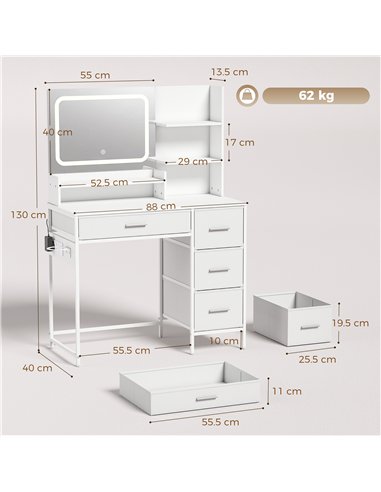 HOMCOM Dressing Table with 3-Colour LED Mirror, Power Outlet, Vanity Desk with 4 Drawers, 5 Shelves, Hair Dryer Holder