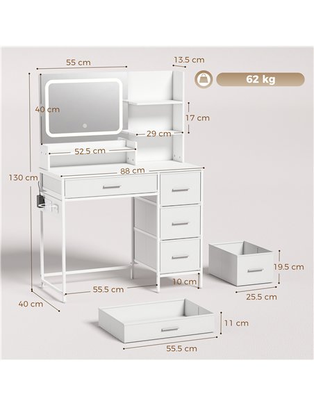 HOMCOM Dressing Table with 3-Colour LED Mirror, Power Outlet, Vanity Desk with 4 Drawers, 5 Shelves, Hair Dryer Holder - pic 209189 | FastDaddyshop