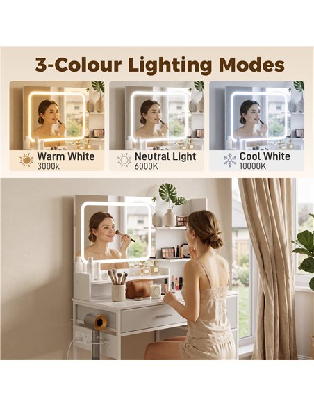 HOMCOM Dressing Table with 3-Colour LED Mirror, Power Outlet, Vanity Desk with 4 Drawers, 5 Shelves, Hair Dryer Holder - pic 209190 | FastDaddyshop