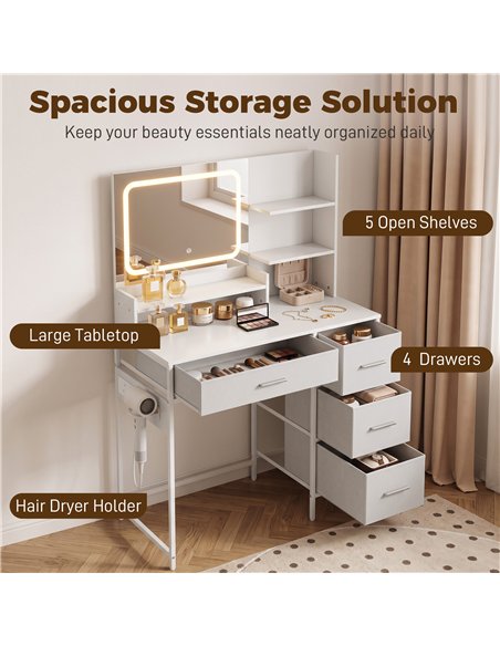 HOMCOM Dressing Table with 3-Colour LED Mirror, Power Outlet, Vanity Desk with 4 Drawers, 5 Shelves, Hair Dryer Holder - pic 209192 | FastDaddyshop