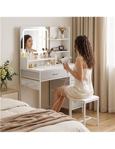 HOMCOM Dressing Table with 3-Colour LED Mirror, Power Outlet, Vanity Desk with 4 Drawers, 5 Shelves, Hair Dryer Holder