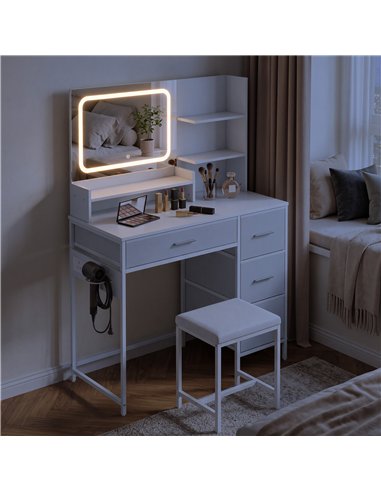 HOMCOM Dressing Table with 3-Colour LED Mirror, Power Outlet, Vanity Desk with 4 Drawers, 5 Shelves, Hair Dryer Holder