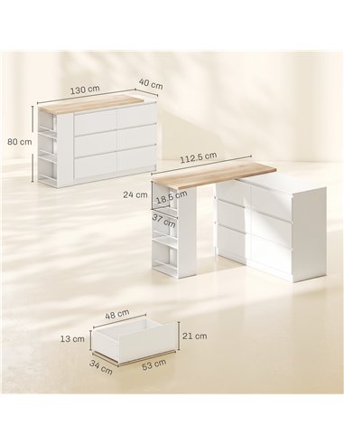 HOMCOM Vanity Table, Dressing Table with 6 Drawers and 3-Tier Shelf for Women and Girls, White