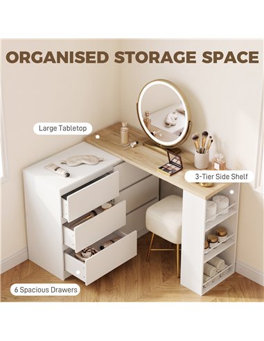 HOMCOM Vanity Table, Dressing Table with 6 Drawers and 3-Tier Shelf for Women and Girls, White