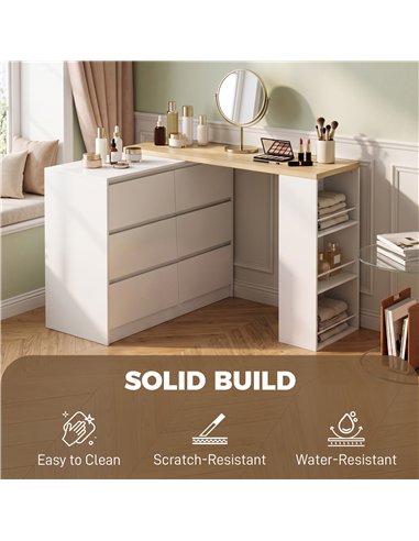 HOMCOM Vanity Table, Dressing Table with 6 Drawers and 3-Tier Shelf for Women and Girls, White