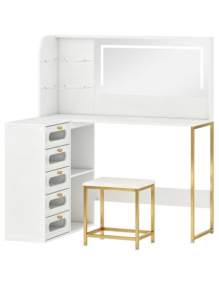 HOMCOM Dressing Table with LED Mirror and Stool, L-Shaped Vanity Desk with Drawers and Shelves, White - pic 209205 | FastDaddyshop