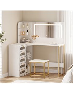 HOMCOM Dressing Table with LED Mirror and Stool, L-Shaped Vanity Desk with Drawers and Shelves, White 2