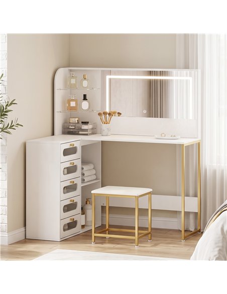 HOMCOM Dressing Table with LED Mirror and Stool, L-Shaped Vanity Desk with Drawers and Shelves, White - pic 209206 | FastDaddyshop