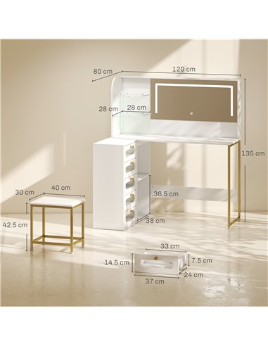 HOMCOM Dressing Table with LED Mirror and Stool, L-Shaped Vanity Desk with Drawers and Shelves, White
