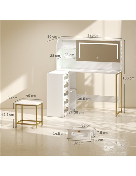 HOMCOM Dressing Table with LED Mirror and Stool, L-Shaped Vanity Desk with Drawers and Shelves, White - pic 209207 | FastDaddyshop