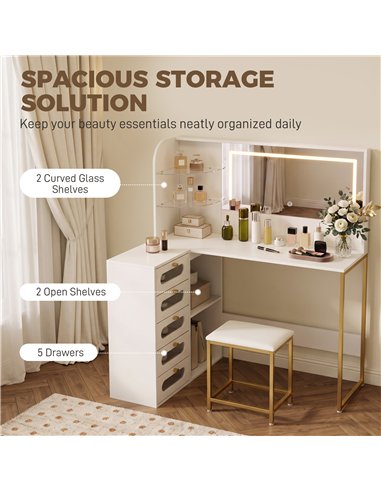 HOMCOM Dressing Table with LED Mirror and Stool, L-Shaped Vanity Desk with Drawers and Shelves, White
