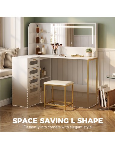HOMCOM Dressing Table with LED Mirror and Stool, L-Shaped Vanity Desk with Drawers and Shelves, White