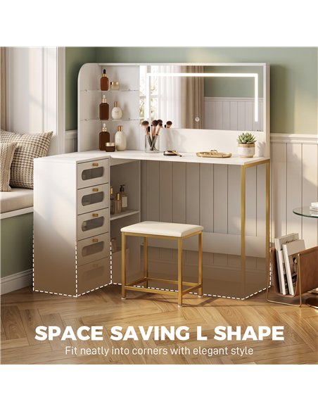 HOMCOM Dressing Table with LED Mirror and Stool, L-Shaped Vanity Desk with Drawers and Shelves, White - pic 209210 | FastDaddyshop