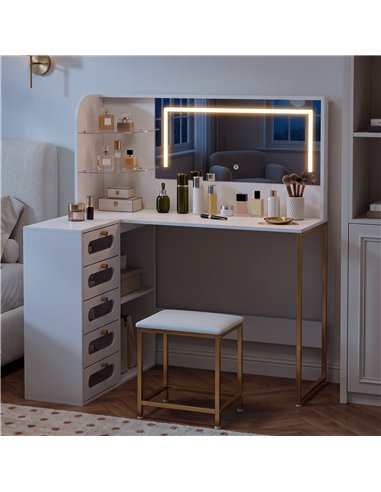 HOMCOM Dressing Table with LED Mirror and Stool, L-Shaped Vanity Desk with Drawers and Shelves, White