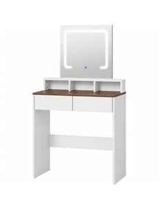 HOMCOM Vanity Table, Dressing Table with Mirror, LED Lights, 2 Drawers, 3 Compartments, 3 Colour Lighting, Walnut