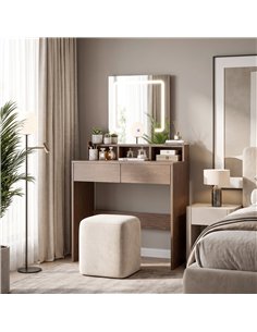 HOMCOM Vanity Table, Dressing Table with Mirror, LED Lights, 2 Drawers, 3 Compartments, 3 Colour Lighting, Walnut 2