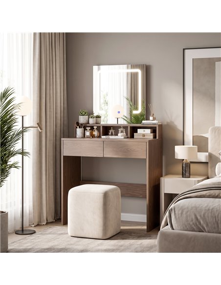 HOMCOM Vanity Table, Dressing Table with Mirror, LED Lights, 2 Drawers, 3 Compartments, 3 Colour Lighting, Walnut - pic 209215 | FastDaddyshop