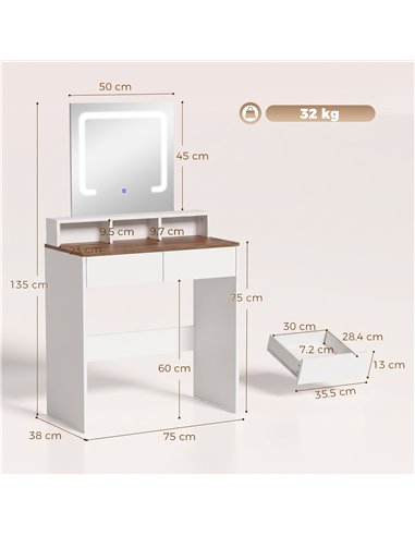 HOMCOM Vanity Table, Dressing Table with Mirror, LED Lights, 2 Drawers, 3 Compartments, 3 Colour Lighting, Walnut